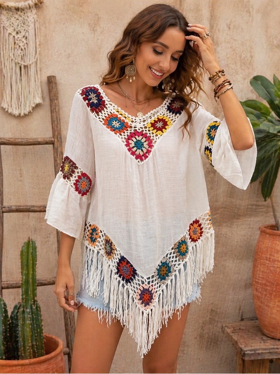 Source Unknown Tops - BOHO Crochet Trim Fringe Tunic Top